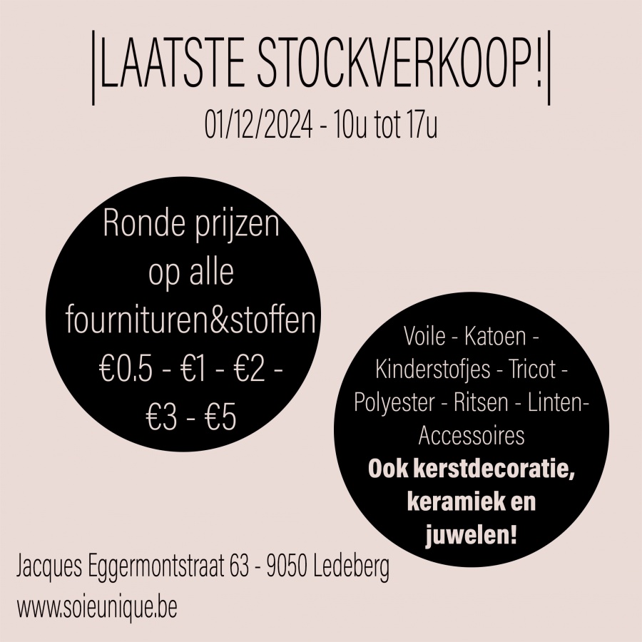 Stockverkoop naaibenodigdheden, accessoires, kerstdecoratie, juwelen en keramiek bij Soie Unique Stoffen Ledeberg