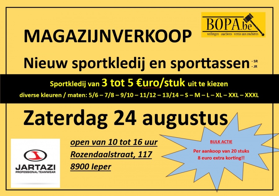 Magazijnverkoop Jartazi sportkledij en sporttassen